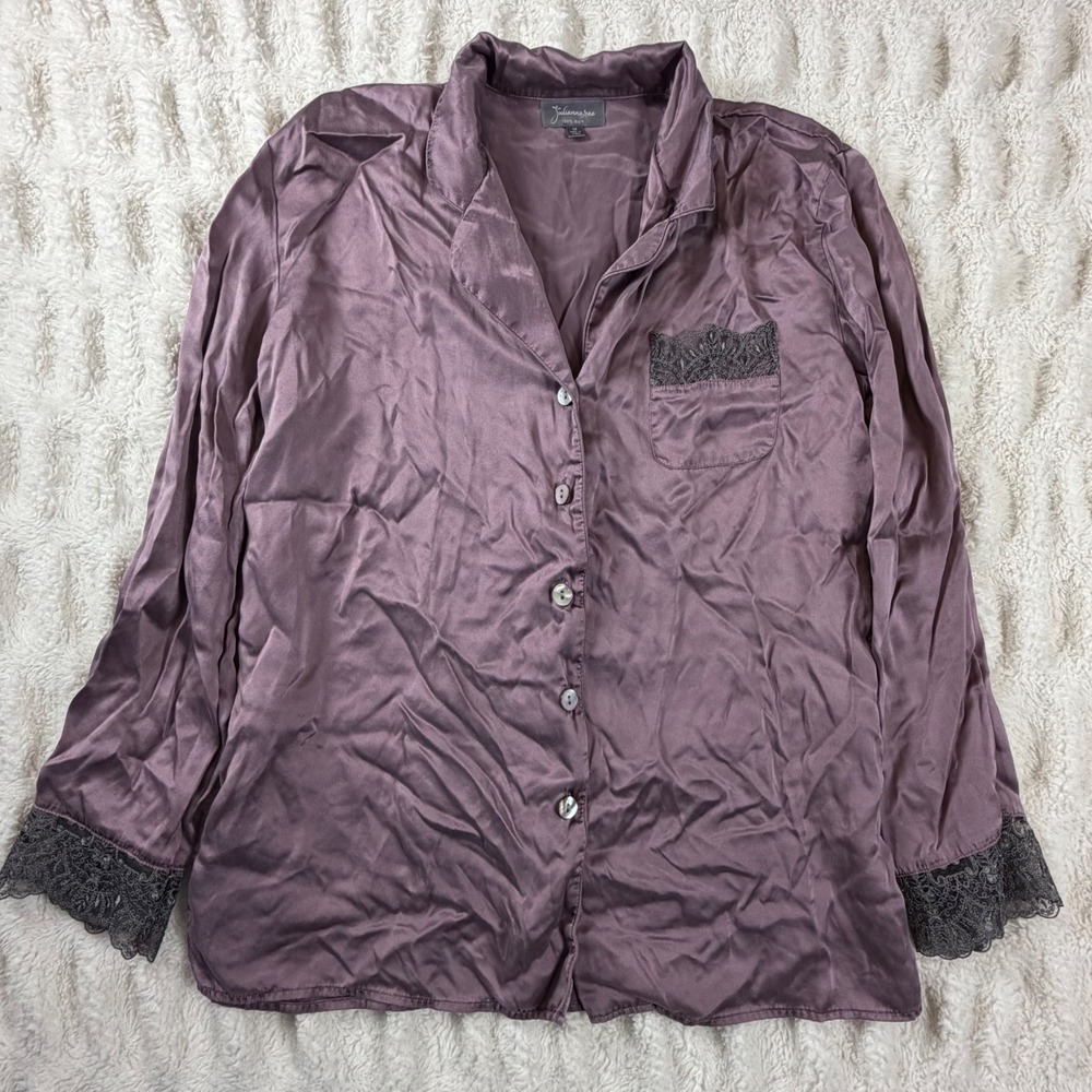 Julianna Rae Womens 100% Silk Pajama Top Lace Trim Button Up Mauve Purple Medium